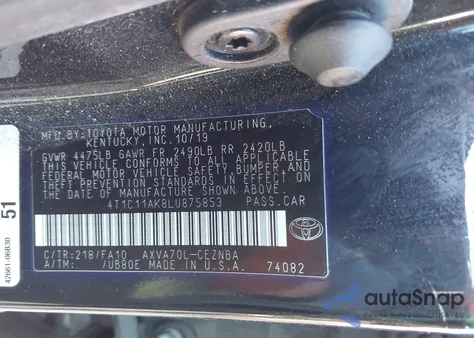 2020 Toyota Camry Le from USA, damaged, VIN 4T1C11AK8LU875853